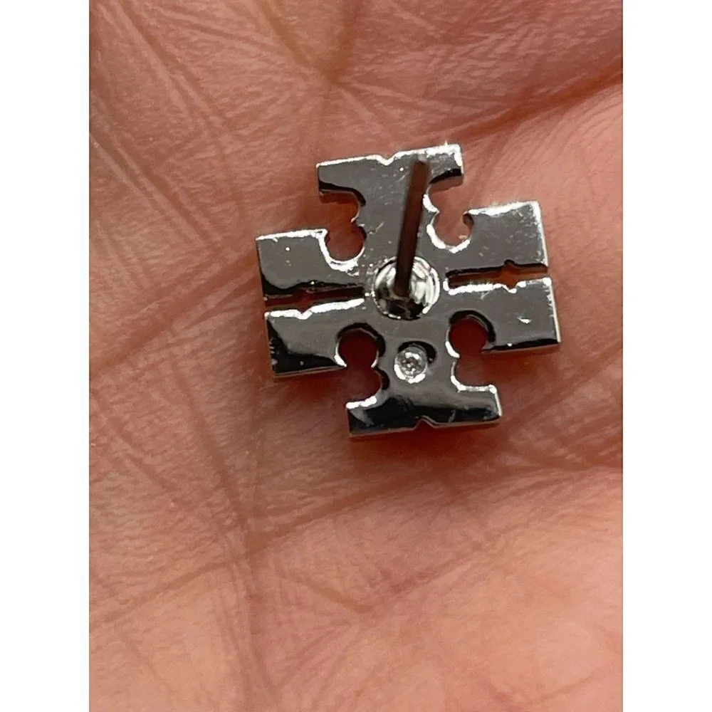 NWT Tory Burch Iconic Small T Logo Stud Pierced Earrings Silver Tone 3/8
